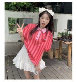 Japanese Polo Shirt Hip Hop Punk Loose Student Ulzzang Red Fruit Strawberry Print Soft Cotton Women Harajuku Shirts Streetwea...