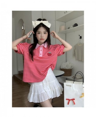 Japanese Polo Shirt Hip Hop Punk Loose Student Ulzzang Red Fruit Strawberry Print Soft Cotton Women Harajuku Shirts Streetwea...