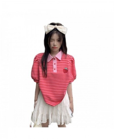 Japanese Polo Shirt Hip Hop Punk Loose Student Ulzzang Red Fruit Strawberry Print Soft Cotton Women Harajuku Shirts Streetwea...