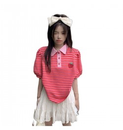 Japanese Polo Shirt Hip Hop Punk Loose Student Ulzzang Red Fruit Strawberry Print Soft Cotton Women Harajuku Shirts Streetwea...