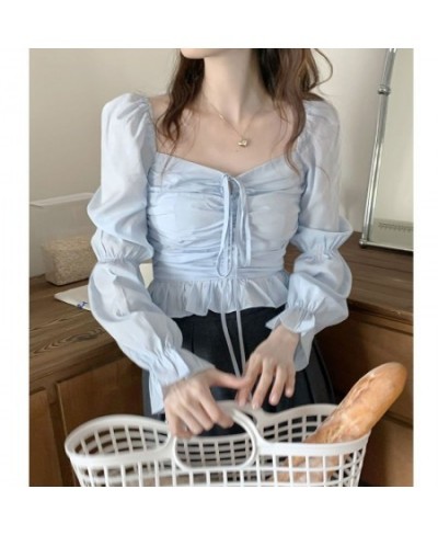 Square Neck Puff Sleeve Women Blouse Blue Cropped Top Pleated Design Vintage Shirt Simple Casual Sexy Sweet Spring Summer $33...