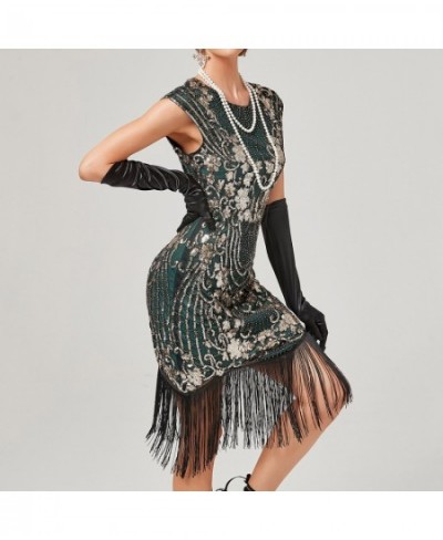 Women's Vintage 1920s Sequin Beaded Tassels Party Night Flapper Gown Dress Elegant Sleeveless Sequins Tassel Puffy Prom Dress...