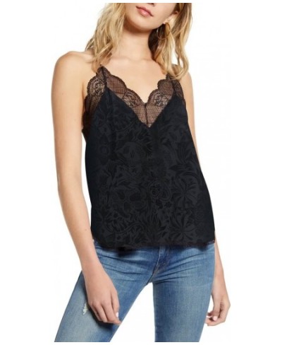 Women's Camisole Lace Trim Stiching Jacquard Tank Sleeveless Sexy Ladies 100% Silk Female Camis and Tops $59.14 - Tops & Tees