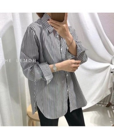 New Blue Vertical Striped Shirt Women Spring Autumn Oversize Vintage Blouse Long Sleeve Office Lady Lapel Fashion Top $28.29 ...