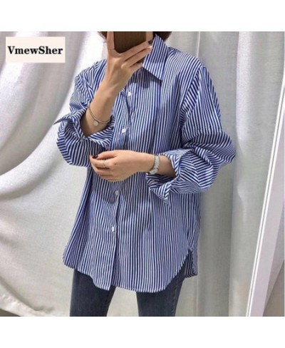 New Blue Vertical Striped Shirt Women Spring Autumn Oversize Vintage Blouse Long Sleeve Office Lady Lapel Fashion Top $28.29 ...