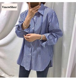 New Blue Vertical Striped Shirt Women Spring Autumn Oversize Vintage Blouse Long Sleeve Office Lady Lapel Fashion Top $28.29 ...