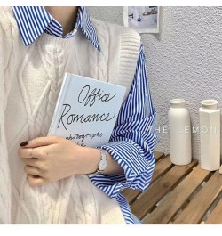 New Blue Vertical Striped Shirt Women Spring Autumn Oversize Vintage Blouse Long Sleeve Office Lady Lapel Fashion Top $28.29 ...