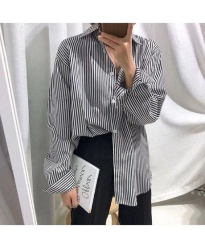 New Blue Vertical Striped Shirt Women Spring Autumn Oversize Vintage Blouse Long Sleeve Office Lady Lapel Fashion Top $28.29 ...