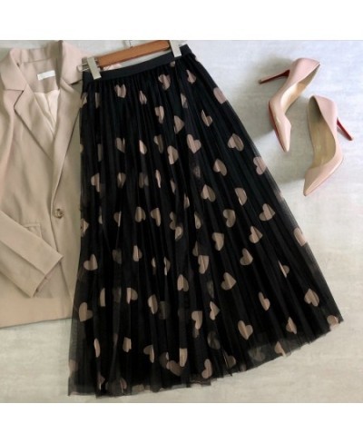 Tulle Maxi Skirt Women Fashion 2023 Spring Summer Heart Print High Waist Pleated Mesh Long Skirt Female Aesthetic Skirt $32.7...