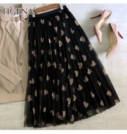 Tulle Maxi Skirt Women Fashion 2023 Spring Summer Heart Print High Waist Pleated Mesh Long Skirt Female Aesthetic Skirt $32.7...