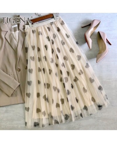 Tulle Maxi Skirt Women Fashion 2023 Spring Summer Heart Print High Waist Pleated Mesh Long Skirt Female Aesthetic Skirt $32.7...