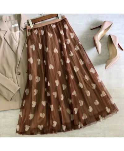 Tulle Maxi Skirt Women Fashion 2023 Spring Summer Heart Print High Waist Pleated Mesh Long Skirt Female Aesthetic Skirt $32.7...