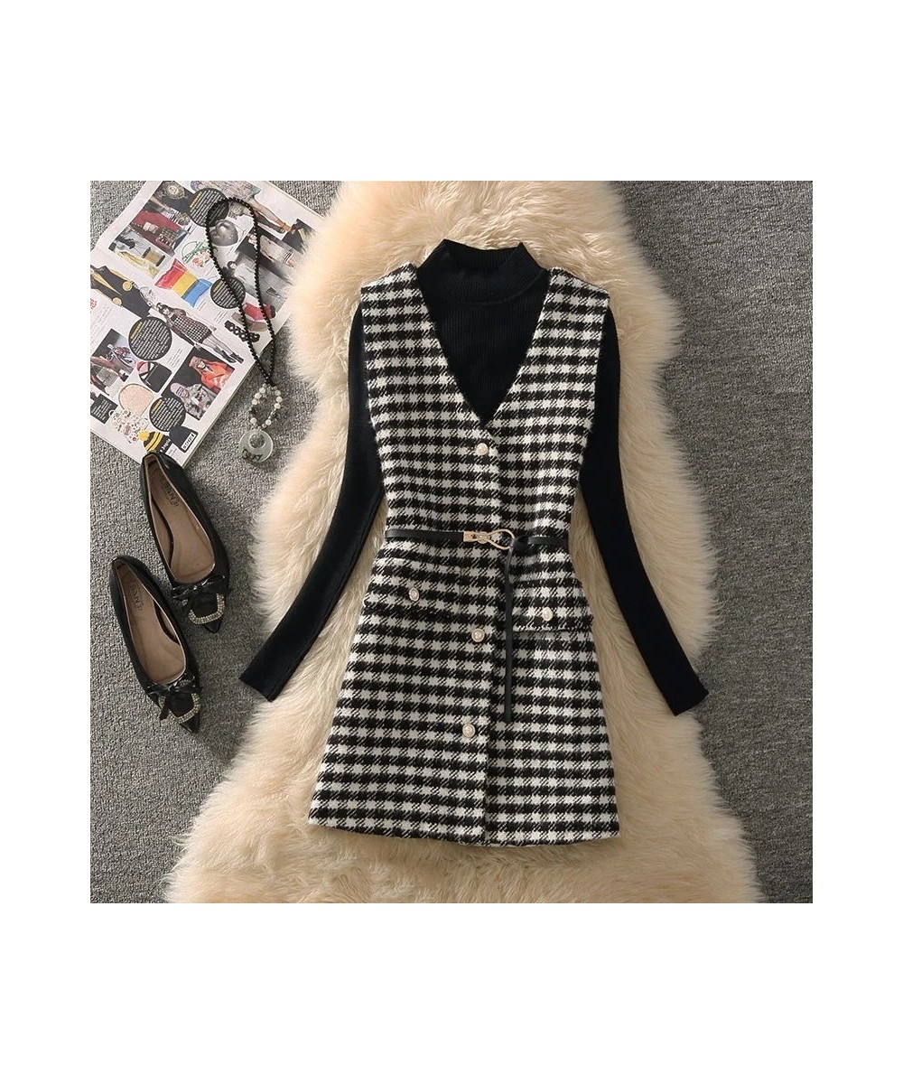 Houndstooth Tweed Vest Two Piece Set Women Outfit 2023 Korean Slim Turtleneck Sweater And Vintage Plaid Waistcoat Elegant Sui...