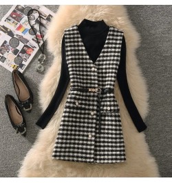 Houndstooth Tweed Vest Two Piece Set Women Outfit 2023 Korean Slim Turtleneck Sweater And Vintage Plaid Waistcoat Elegant Sui...