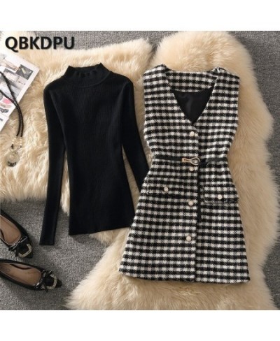 Houndstooth Tweed Vest Two Piece Set Women Outfit 2023 Korean Slim Turtleneck Sweater And Vintage Plaid Waistcoat Elegant Sui...