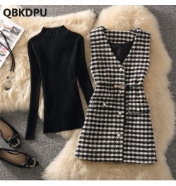 Houndstooth Tweed Vest Two Piece Set Women Outfit 2023 Korean Slim Turtleneck Sweater And Vintage Plaid Waistcoat Elegant Sui...