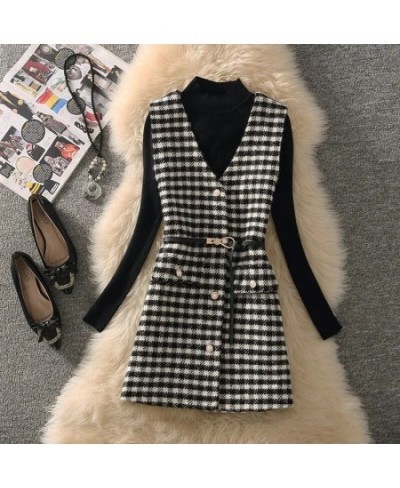 Houndstooth Tweed Vest Two Piece Set Women Outfit 2023 Korean Slim Turtleneck Sweater And Vintage Plaid Waistcoat Elegant Sui...