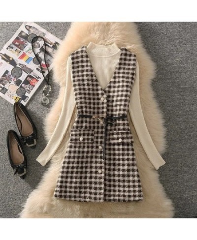 Houndstooth Tweed Vest Two Piece Set Women Outfit 2023 Korean Slim Turtleneck Sweater And Vintage Plaid Waistcoat Elegant Sui...