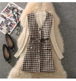 Houndstooth Tweed Vest Two Piece Set Women Outfit 2023 Korean Slim Turtleneck Sweater And Vintage Plaid Waistcoat Elegant Sui...