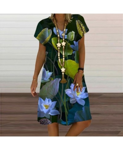 2023 Summer Lotus Leaves Plant Flowers 3D Print Dress Oversized Clothing Women V-Neck Short Sleeve Casual Loose Midi Dresses ...