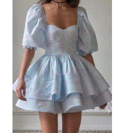 2022 Fashion Women Blue Flower Print Ball Gown Dress Vintage Puff Sleeve Big Swing Female Mini Robe Fairy Cake Vestido $80.90...