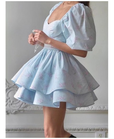 2022 Fashion Women Blue Flower Print Ball Gown Dress Vintage Puff Sleeve Big Swing Female Mini Robe Fairy Cake Vestido $80.90...