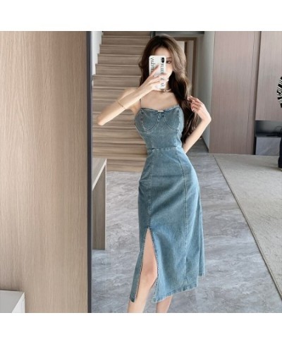 New Retro 2023 Spring and Summer Strapless Denim Dress Fashionable Fashionable Women Sexy Thin Straps Slim Split Mid Skirt Ta...