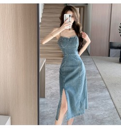 New Retro 2023 Spring and Summer Strapless Denim Dress Fashionable Fashionable Women Sexy Thin Straps Slim Split Mid Skirt Ta...