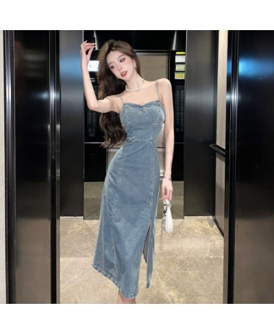 New Retro 2023 Spring and Summer Strapless Denim Dress Fashionable Fashionable Women Sexy Thin Straps Slim Split Mid Skirt Ta...