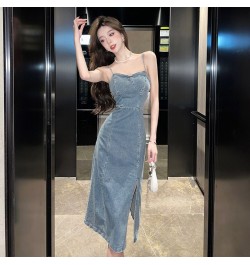 New Retro 2023 Spring and Summer Strapless Denim Dress Fashionable Fashionable Women Sexy Thin Straps Slim Split Mid Skirt Ta...