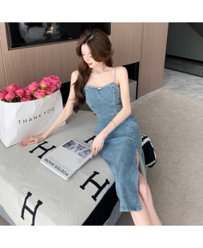 New Retro 2023 Spring and Summer Strapless Denim Dress Fashionable Fashionable Women Sexy Thin Straps Slim Split Mid Skirt Ta...