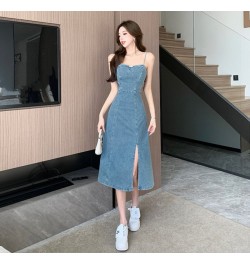 New Retro 2023 Spring and Summer Strapless Denim Dress Fashionable Fashionable Women Sexy Thin Straps Slim Split Mid Skirt Ta...