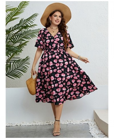 Plus Size Women Clothing Summer Dress Short sleeve Chiffon Dress Sexy V-neck Elastic Waist Floral Print Beach Long Dresses 4X...