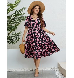 Plus Size Women Clothing Summer Dress Short sleeve Chiffon Dress Sexy V-neck Elastic Waist Floral Print Beach Long Dresses 4X...