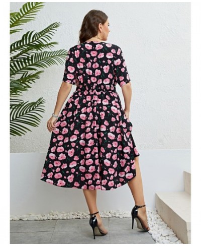 Plus Size Women Clothing Summer Dress Short sleeve Chiffon Dress Sexy V-neck Elastic Waist Floral Print Beach Long Dresses 4X...