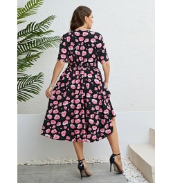 Plus Size Women Clothing Summer Dress Short sleeve Chiffon Dress Sexy V-neck Elastic Waist Floral Print Beach Long Dresses 4X...