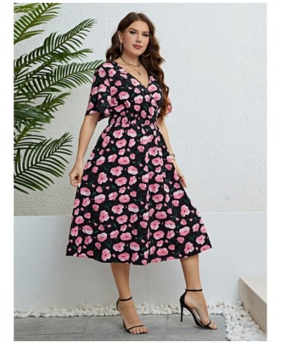 Plus Size Women Clothing Summer Dress Short sleeve Chiffon Dress Sexy V-neck Elastic Waist Floral Print Beach Long Dresses 4X...