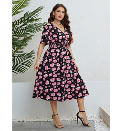 Plus Size Women Clothing Summer Dress Short sleeve Chiffon Dress Sexy V-neck Elastic Waist Floral Print Beach Long Dresses 4X...