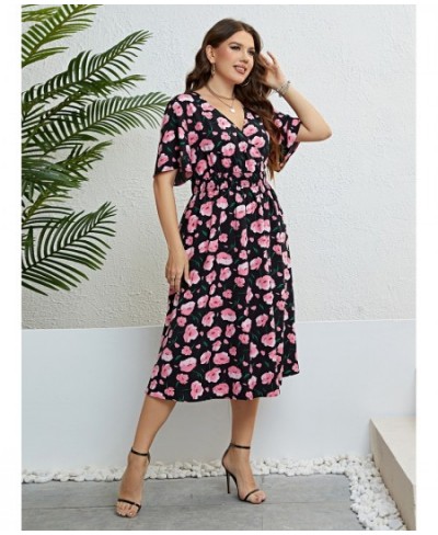 Plus Size Women Clothing Summer Dress Short sleeve Chiffon Dress Sexy V-neck Elastic Waist Floral Print Beach Long Dresses 4X...