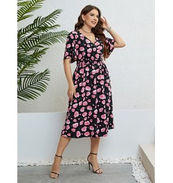 Plus Size Women Clothing Summer Dress Short sleeve Chiffon Dress Sexy V-neck Elastic Waist Floral Print Beach Long Dresses 4X...