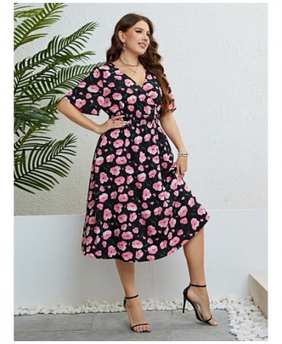 Plus Size Women Clothing Summer Dress Short sleeve Chiffon Dress Sexy V-neck Elastic Waist Floral Print Beach Long Dresses 4X...