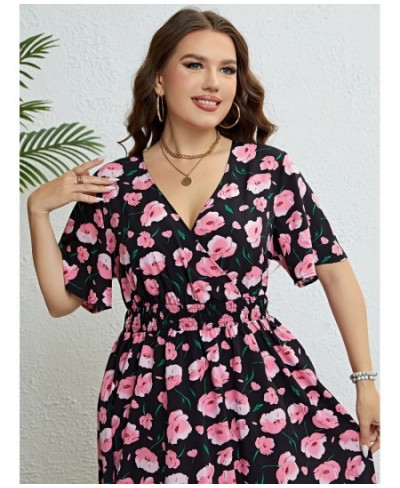 Plus Size Women Clothing Summer Dress Short sleeve Chiffon Dress Sexy V-neck Elastic Waist Floral Print Beach Long Dresses 4X...