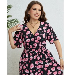 Plus Size Women Clothing Summer Dress Short sleeve Chiffon Dress Sexy V-neck Elastic Waist Floral Print Beach Long Dresses 4X...