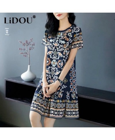 Summer Korean Elegant Fashion Print Dress Womenshort Sleeve Floral Mid-length A-line Vestidos De Fiesta Aesthetic Robe Femme ...