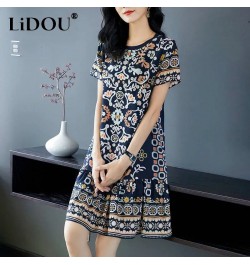 Summer Korean Elegant Fashion Print Dress Womenshort Sleeve Floral Mid-length A-line Vestidos De Fiesta Aesthetic Robe Femme ...