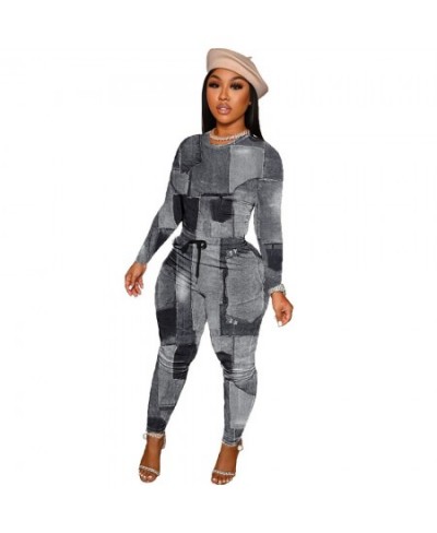 Autumn Faux Denim Print Tracksuit Women Casual Long Sleeve Shirt Top + Drawstring Sweat Pants Skinny Two Piece Set Outfits $5...