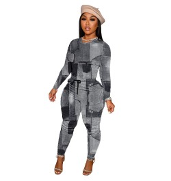 Autumn Faux Denim Print Tracksuit Women Casual Long Sleeve Shirt Top + Drawstring Sweat Pants Skinny Two Piece Set Outfits $5...