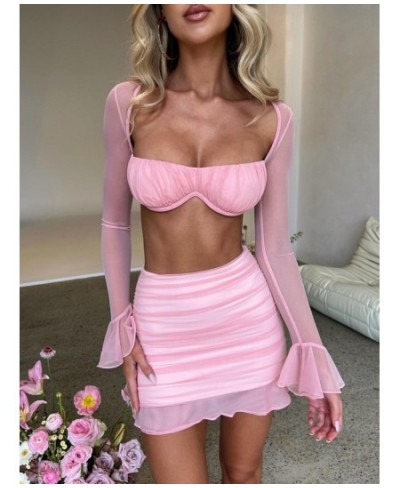 Mesh Sexy Dress Set Women Strapless Full Sleeve Crop Top And Mini Skirt Matching Sets Female Club Party Two Piece Set $37.13 ...