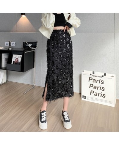 Sexy Tassel Embroidered Sequins Skirts Women Night Club Girls Gorgeous Flash Mid-Calf Length Side Split Straight Skirt $41.02...