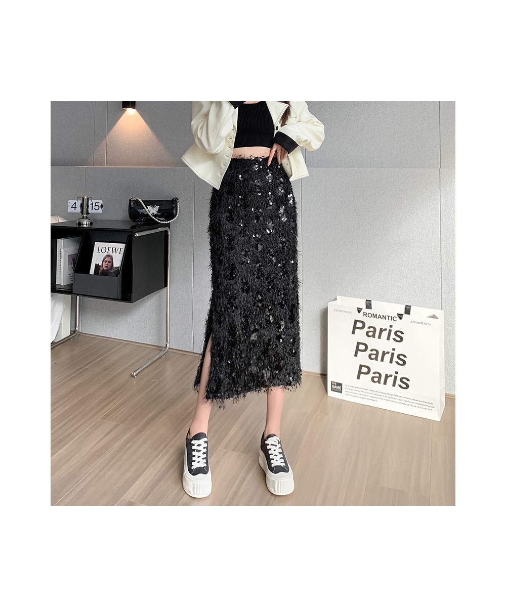 Sexy Tassel Embroidered Sequins Skirts Women Night Club Girls Gorgeous Flash Mid-Calf Length Side Split Straight Skirt $41.02...